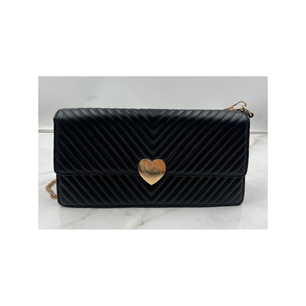 Black Chevron Quilted Clutch Purse with Gold Heart Clasp and Chain Strap Bag